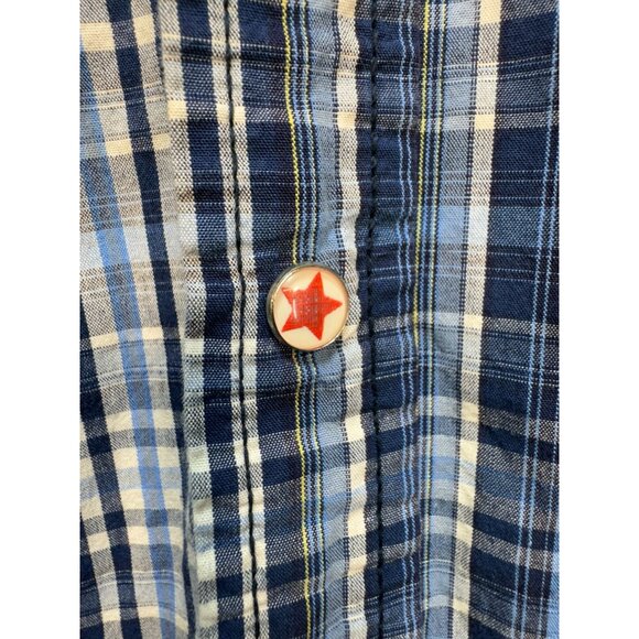 PD&C Men's Button Up Cotton Shirt Size L Blue White Plaid Long Sleeve Pockets - Picture 4 of 11